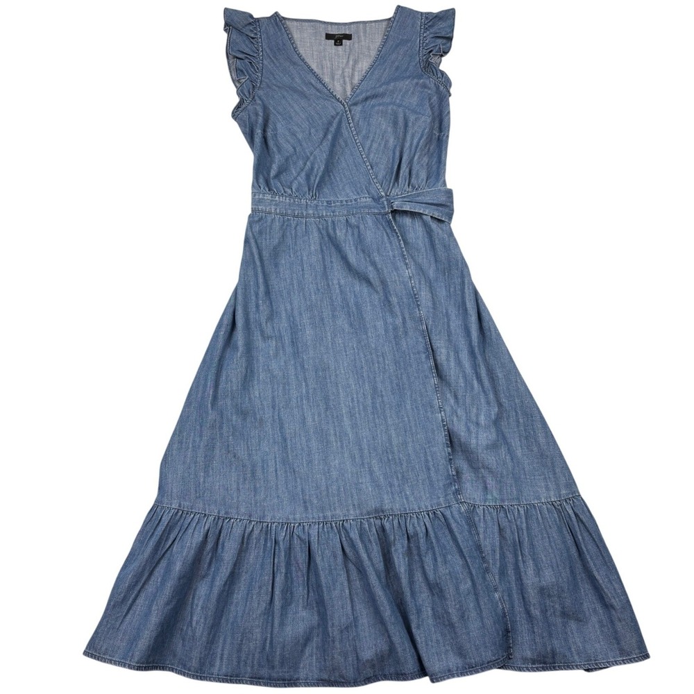 JCrew Wrap Dress Womens 2 Blue Chambray Ruffle Sleeve Tiered Midi Cotton L1640